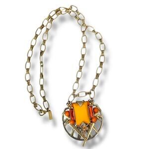 Baublebar Signed Gold Tone Orange Chunky Rhinestone Gem Statement Opera Necklace